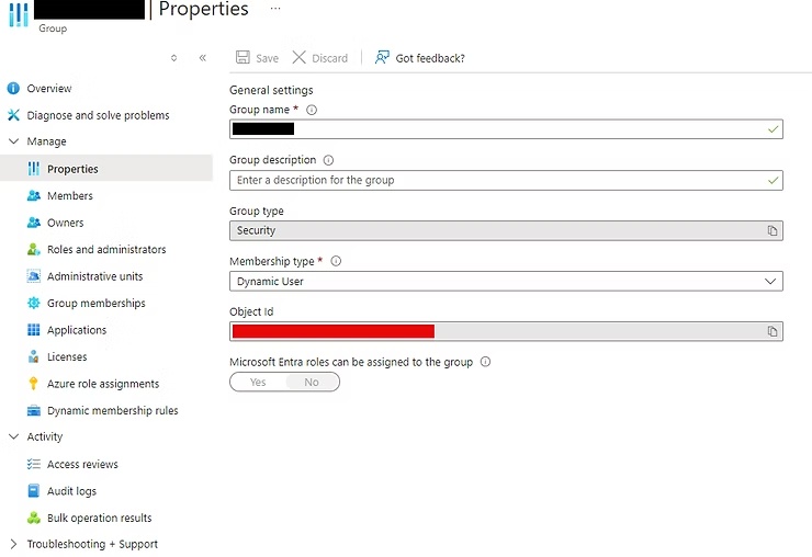 Azure AD group Properties page showing the group Object ID